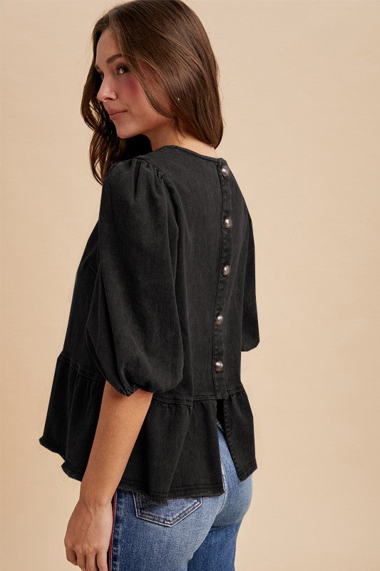 Corinne Denim Ruffle Top - Black