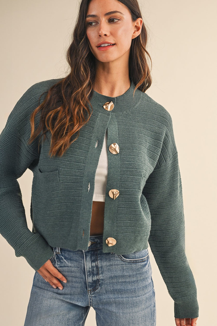 Percy Texture Bold Button Cardigan - Teal