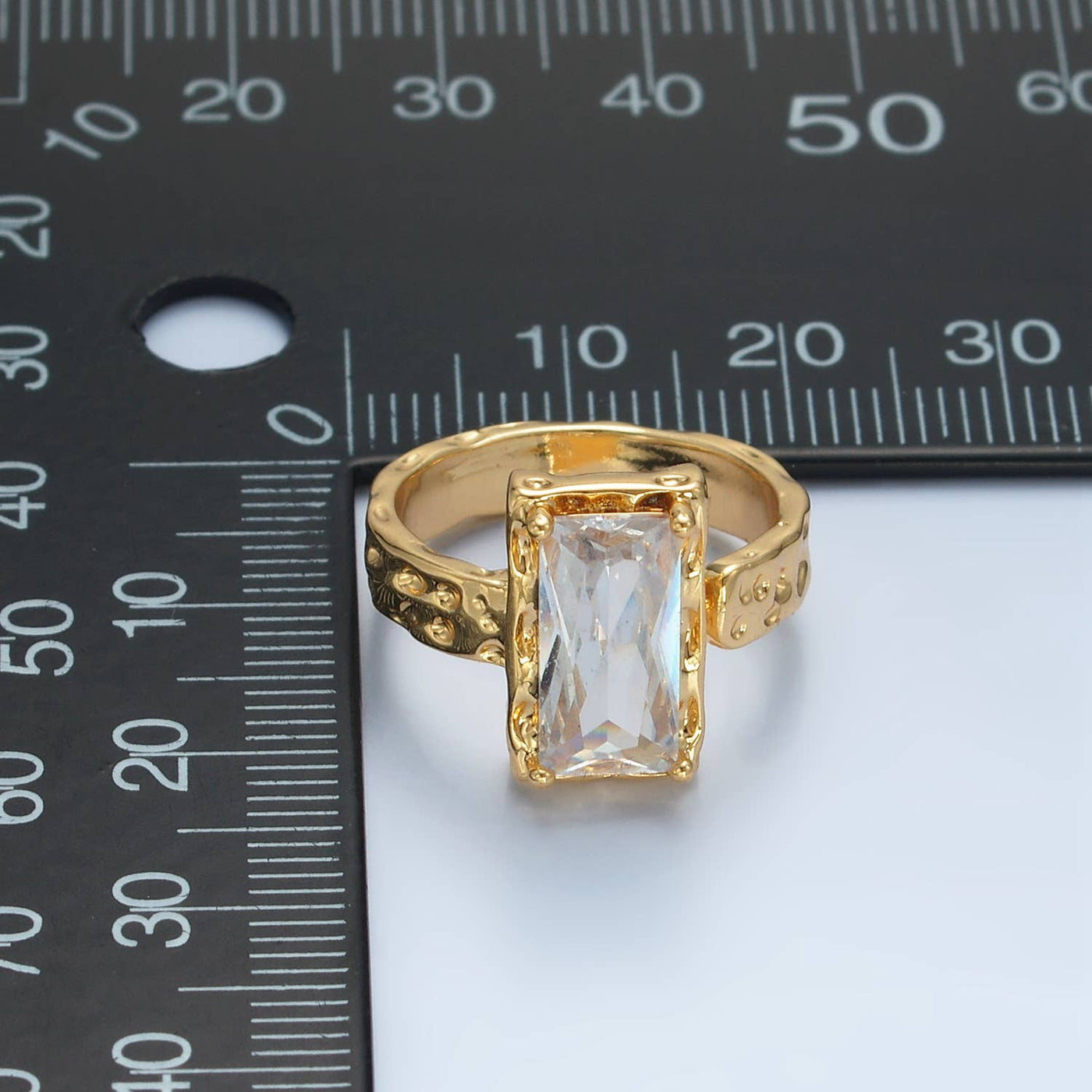 24K Gold Filled Clear CZ Hammered Baguette Band Ring | U320