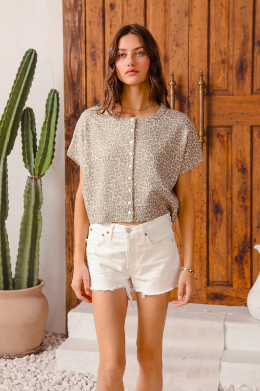 Christina Leopard Button Front Sweater Top