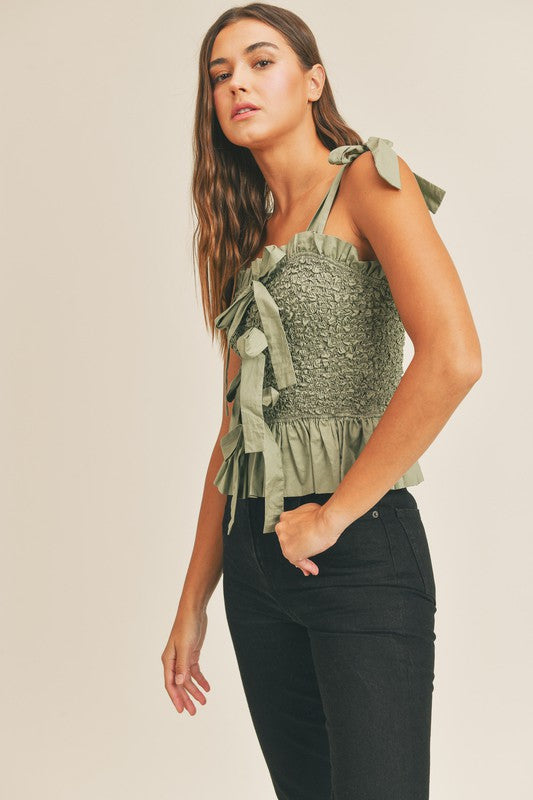 Katherine Ribbon Tie Smocked Top - Olive