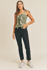 Katherine Ribbon Tie Smocked Top - Olive