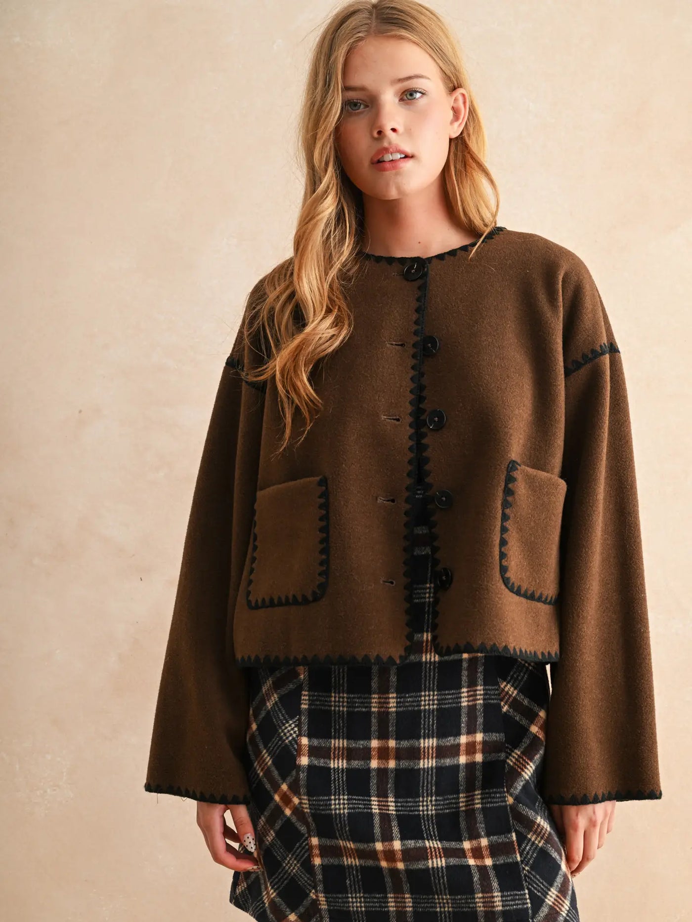 Marcie Exposed Stitch Button Closure Jacket