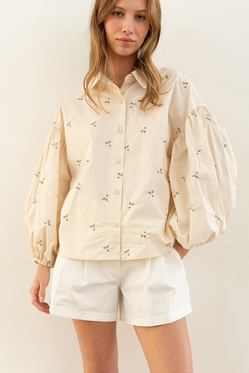 Laiya Floral Embroidered Button Down - Cream