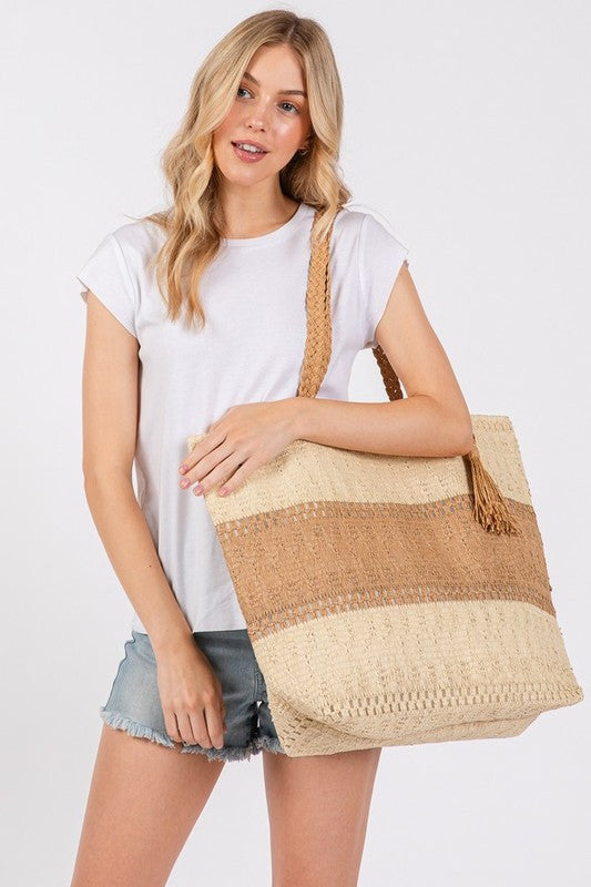 Woven Straw Tote Bag - Taupe