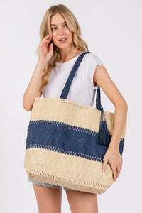 Woven Straw Tote Bag - Navy