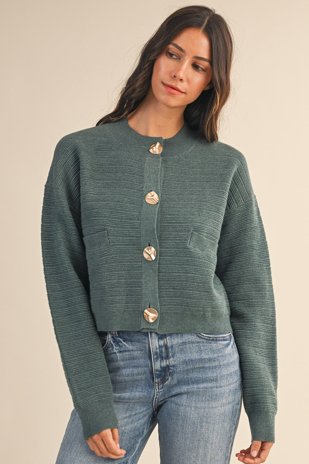 Percy Texture Bold Button Cardigan - Teal