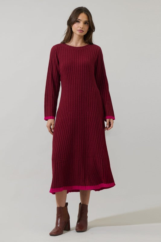 Kamala Long Sleeve Knit Dress- Burgundy