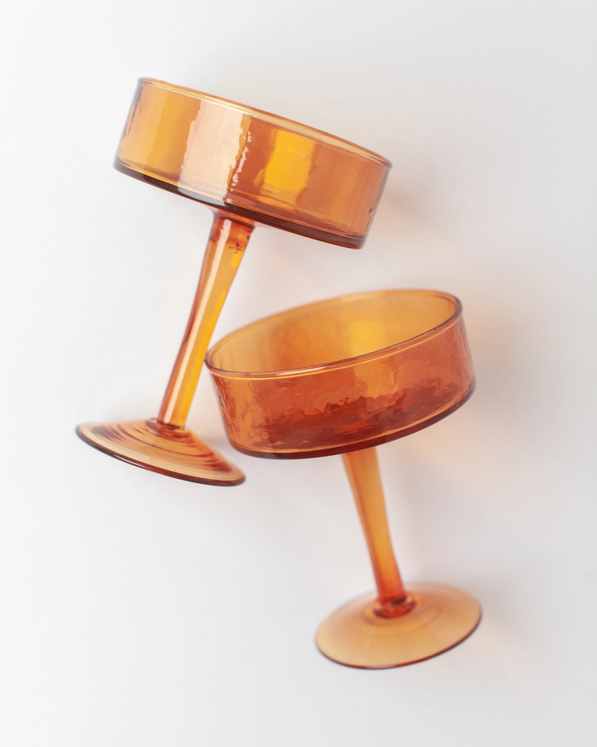 Handblown Hammered Cocktail Glass Pair- Amber