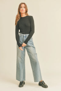 Oslo Ribbed Long Sleeve Basic Top - Black