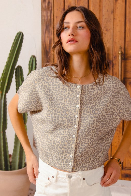 Christina Leopard Button Front Sweater Top