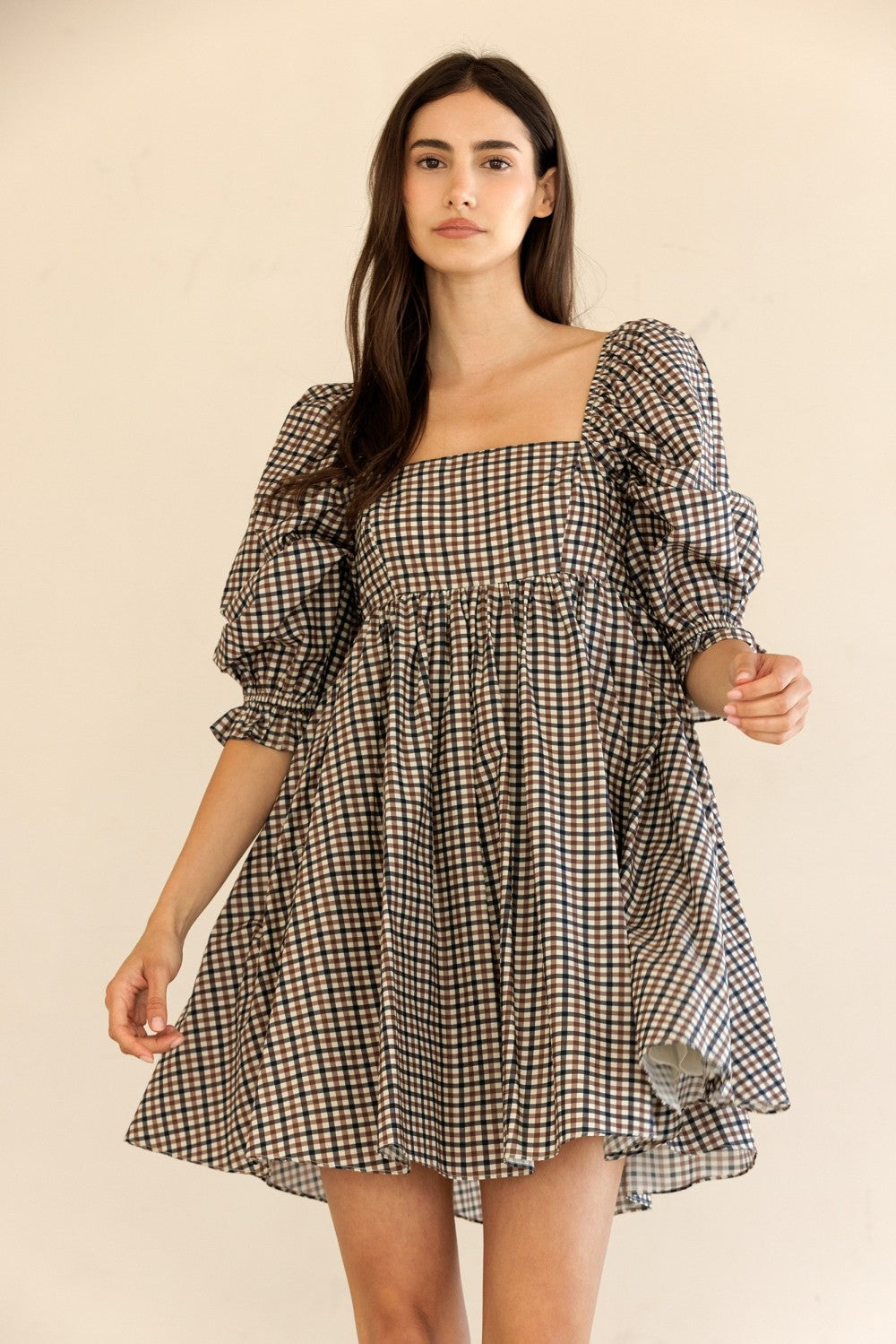 Eleanor Navy & Brown Gingham Puff Sleeve Dress