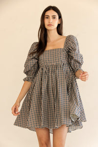 Eleanor Navy & Brown Gingham Puff Sleeve Dress
