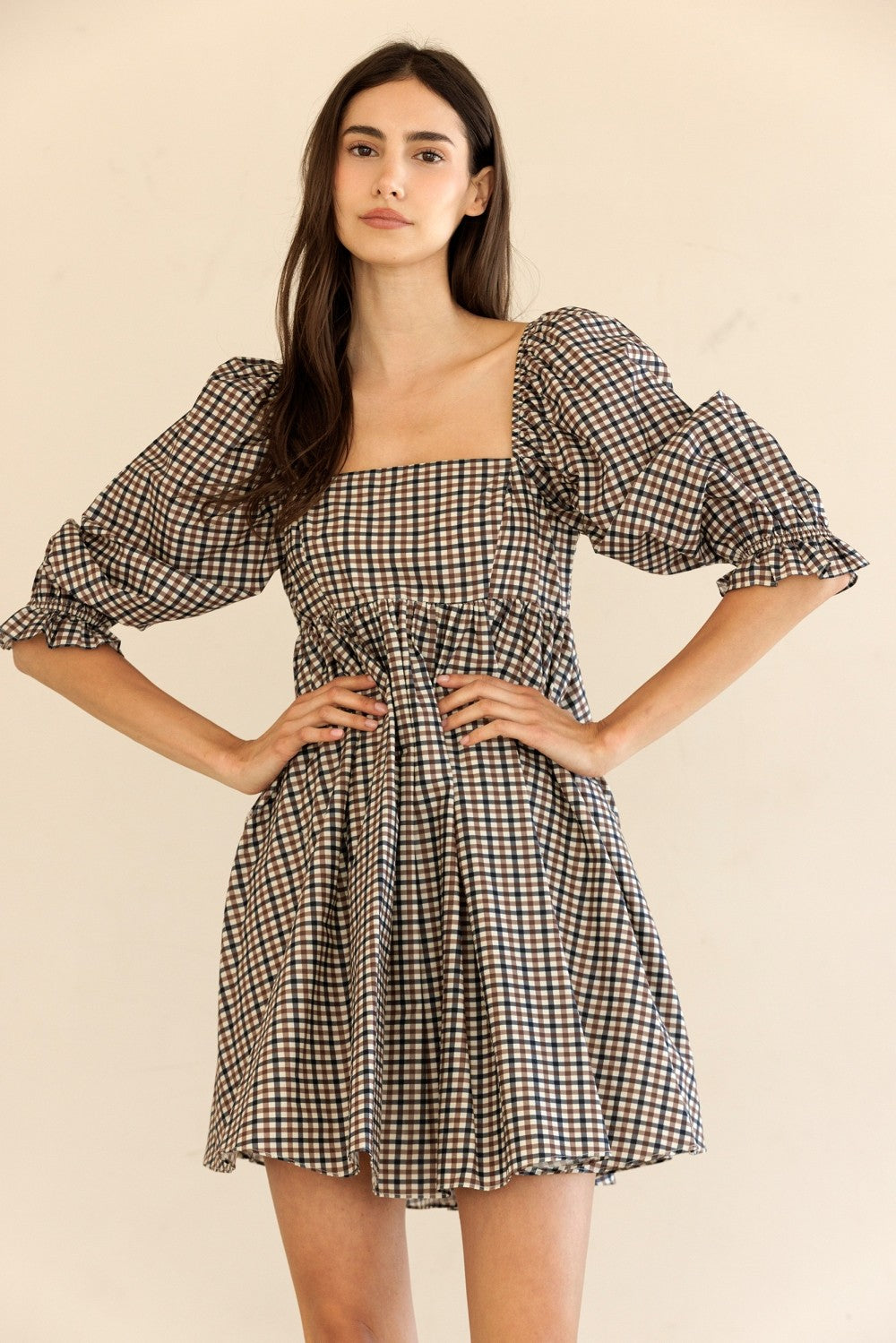 Eleanor Navy & Brown Gingham Puff Sleeve Dress