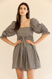 Eleanor Navy & Brown Gingham Puff Sleeve Dress