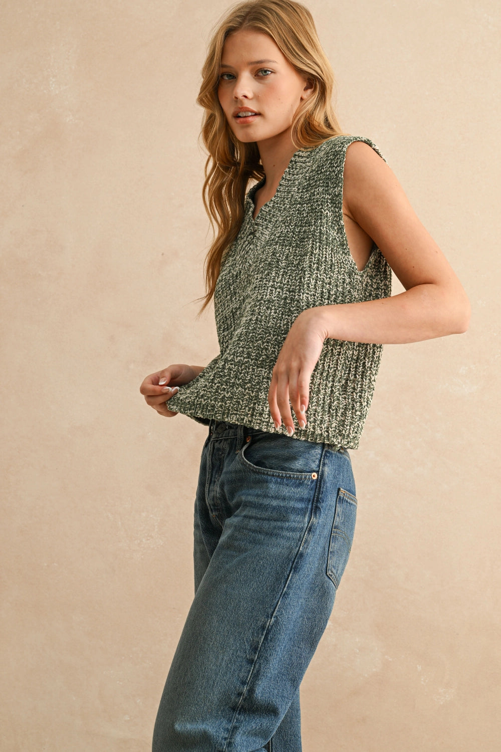 Mara Two Tone Chenille Sweater Vest - Olive