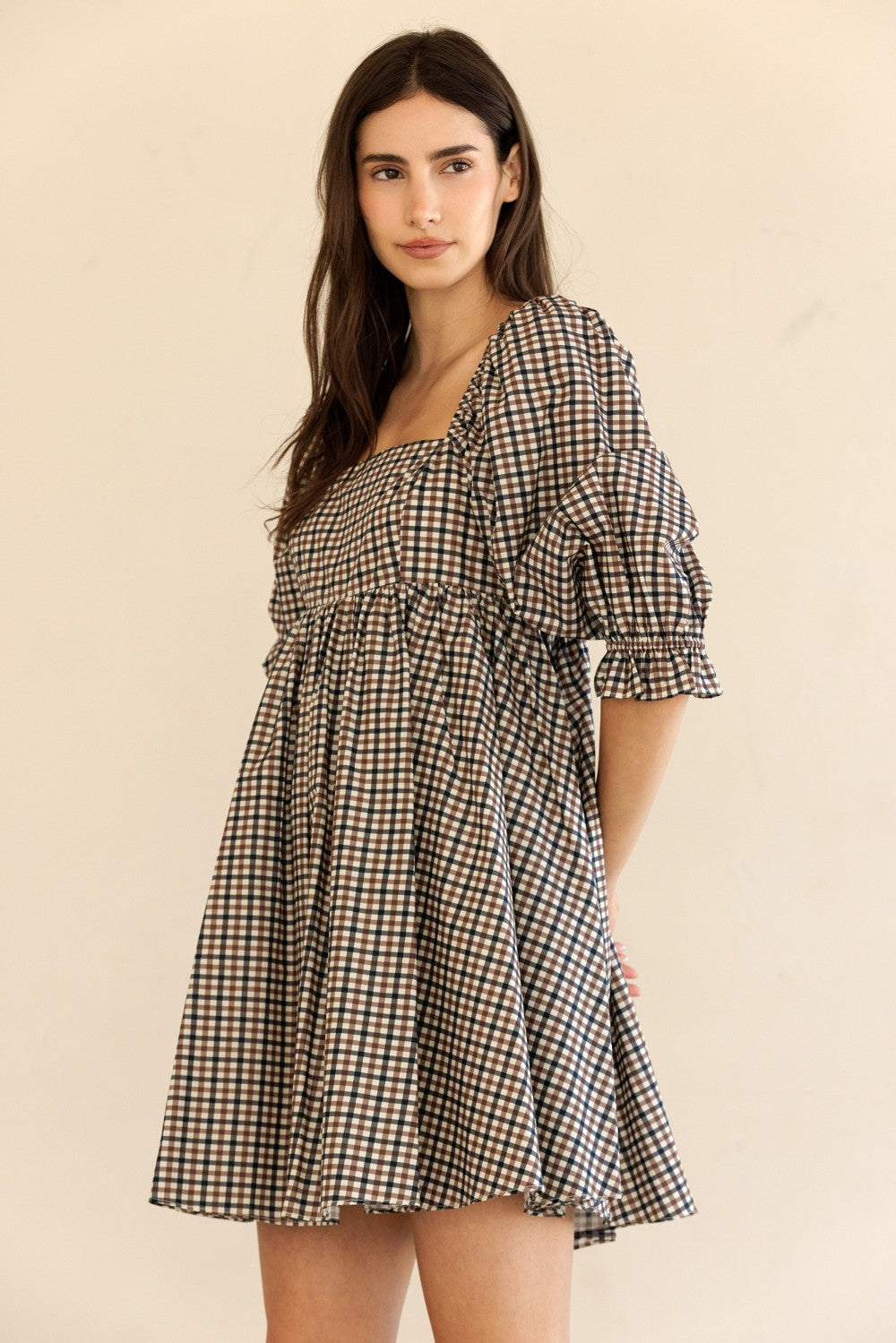 Eleanor Navy & Brown Gingham Puff Sleeve Dress