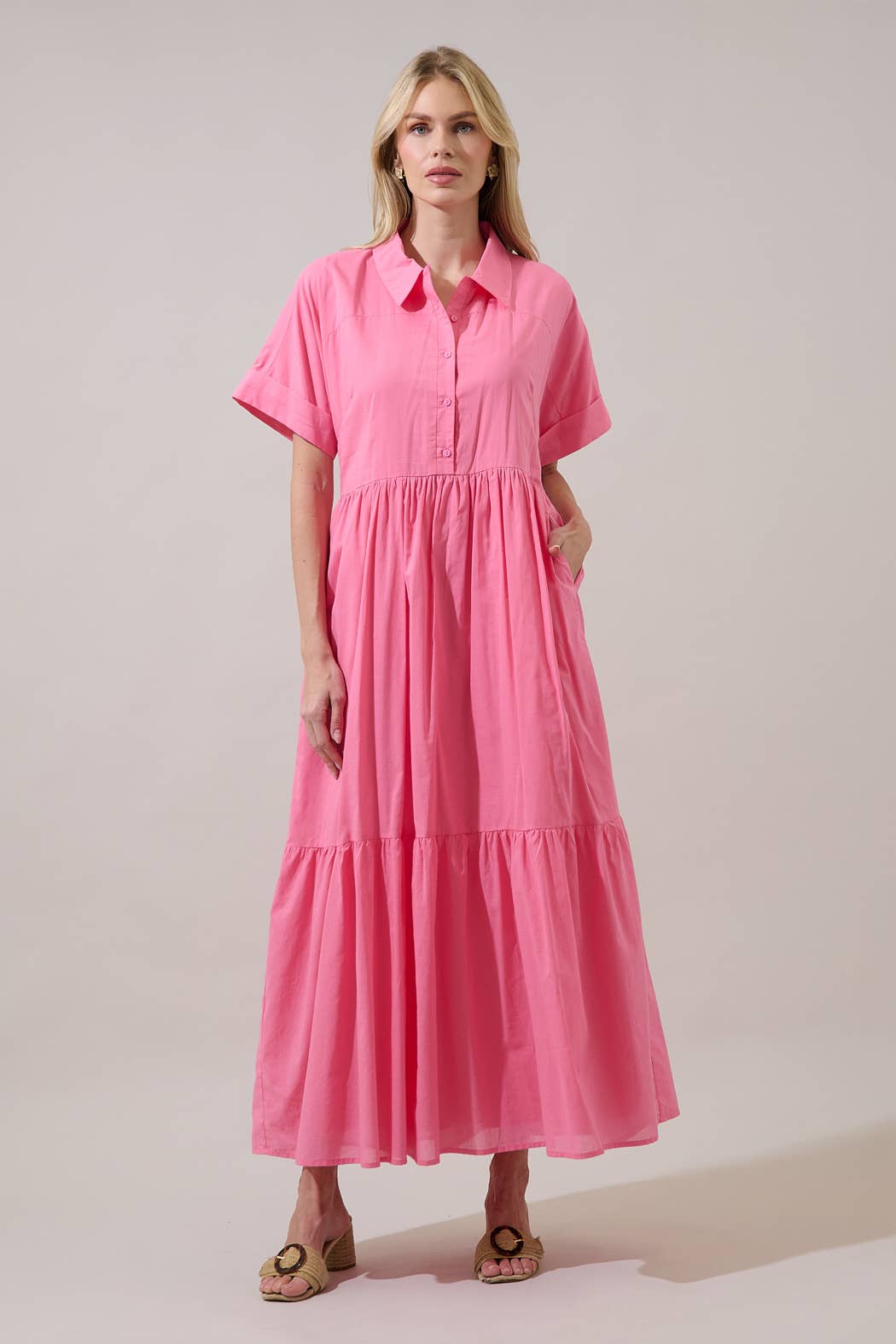 button up maxi dress SUGARLIPS Women's Astera Tiered Maxi Shirtdress - Pink