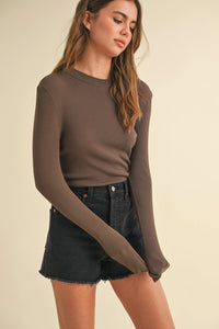 Oslo Ribbed Long Sleeve Basic Top - Coffee