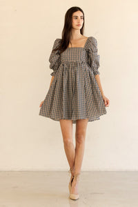 Eleanor Navy & Brown Gingham Puff Sleeve Dress