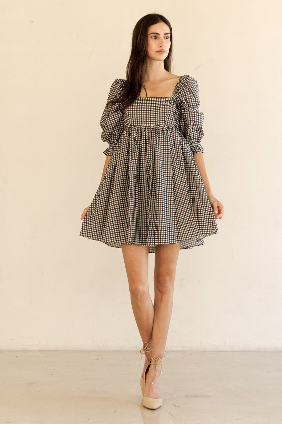 Eleanor Navy & Brown Gingham Puff Sleeve Dress