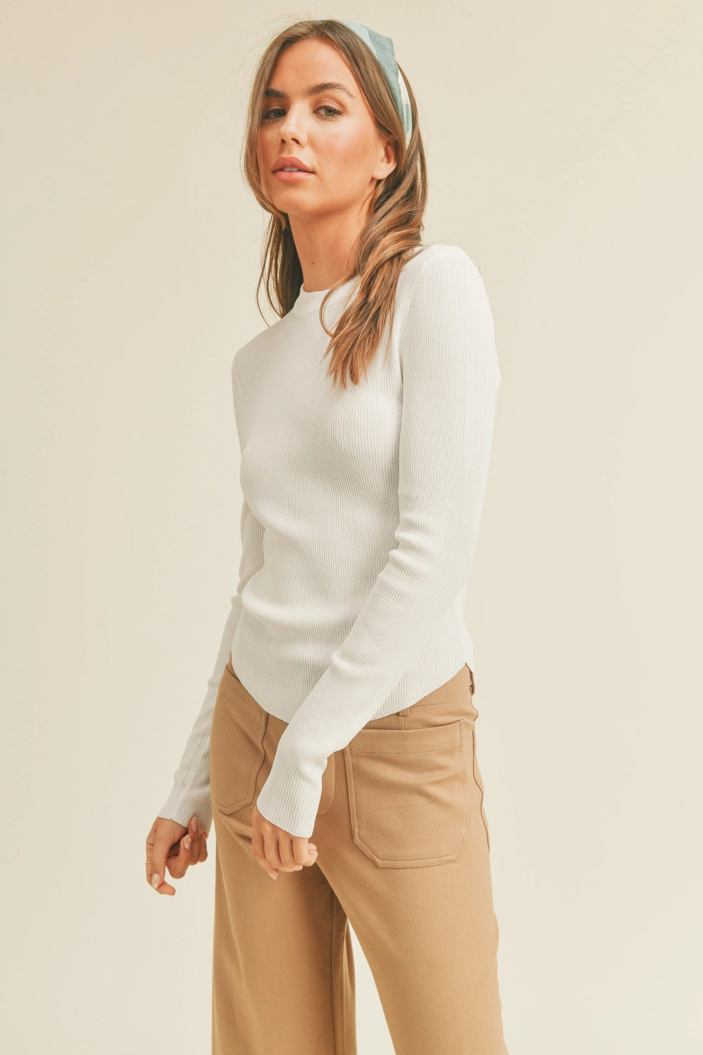 Oslo Ribbed Long Sleeve Basic Top - White