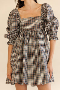 Eleanor Navy & Brown Gingham Puff Sleeve Dress