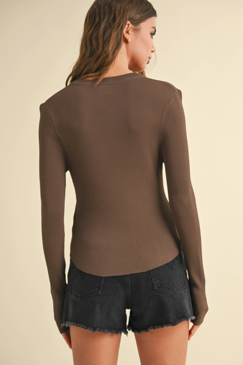 Oslo Ribbed Long Sleeve Basic Top - Coffee