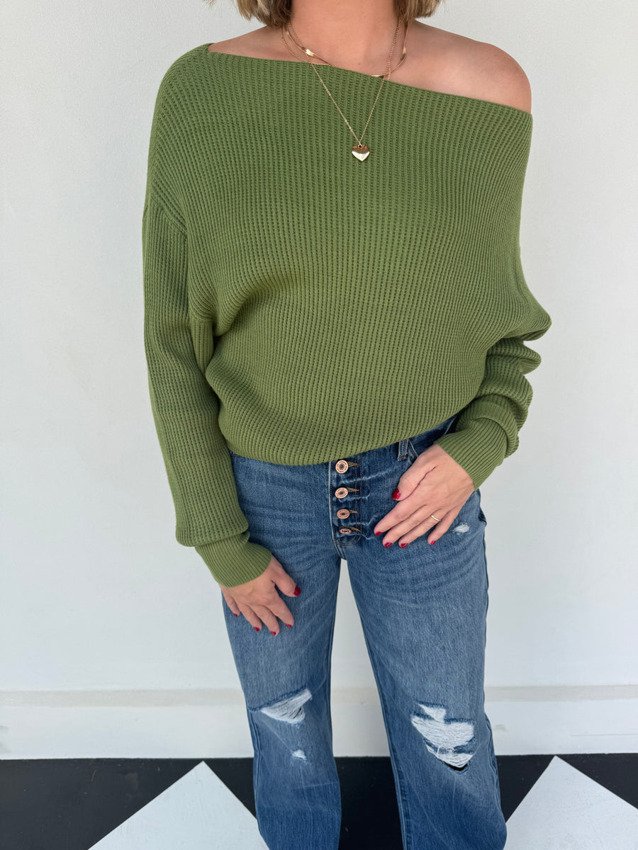 Bre Waffle Knit Top- Olive