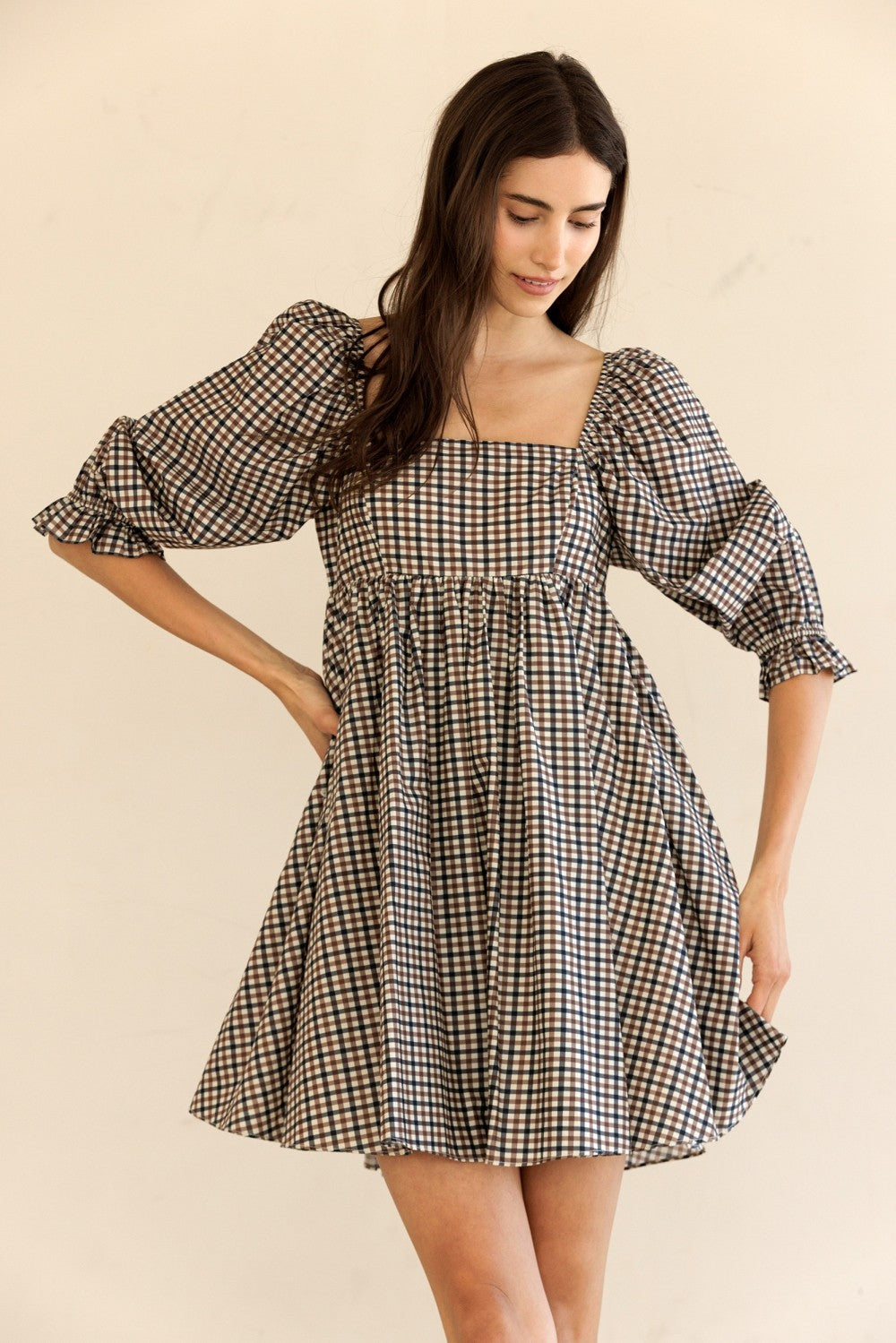 Eleanor Navy & Brown Gingham Puff Sleeve Dress