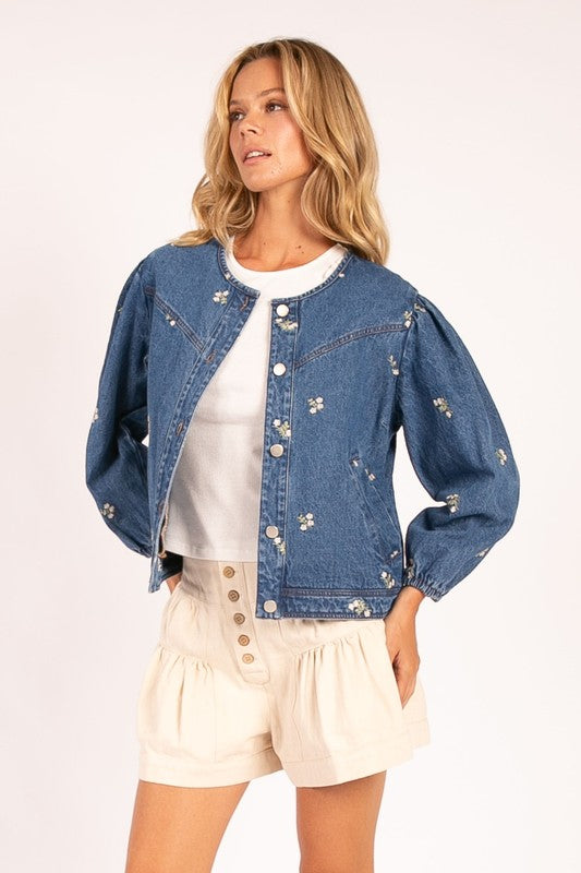 Janeth Embroidered Denim Puff Sleeve Top