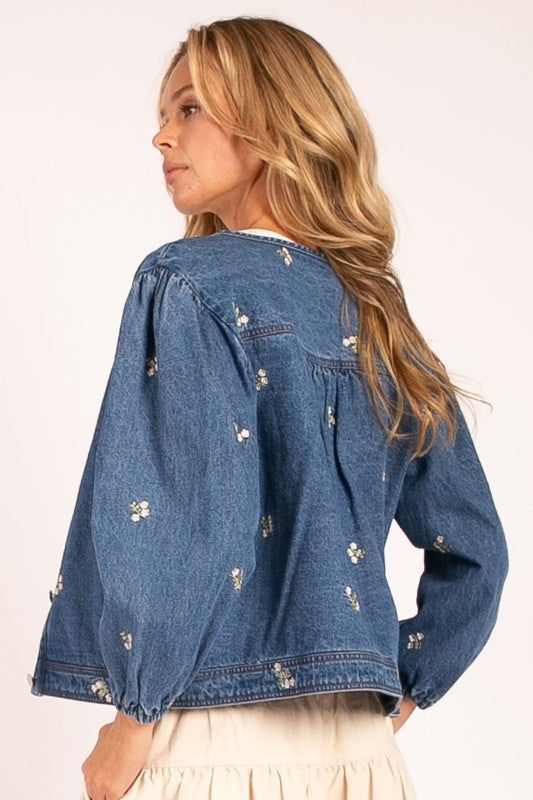 Janeth Embroidered Denim Puff Sleeve Top
