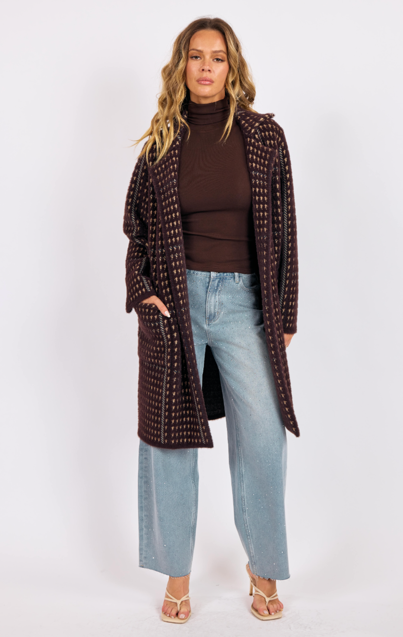 Marceau Houndstooth Coat- Brown