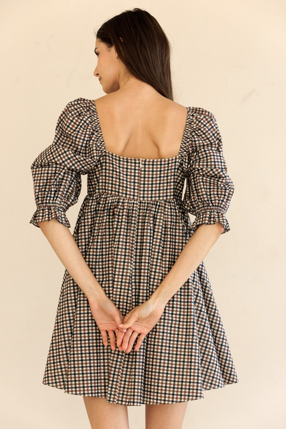 Eleanor Navy & Brown Gingham Puff Sleeve Dress