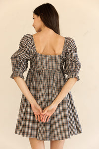 Eleanor Navy & Brown Gingham Puff Sleeve Dress