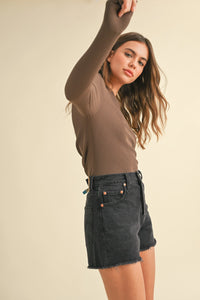 Oslo Ribbed Long Sleeve Basic Top - Coffee