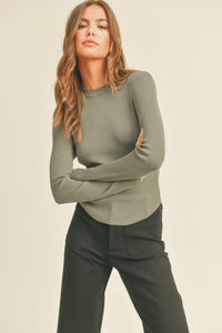 Oslo Ribbed Long Sleeve Basic Top - Olive