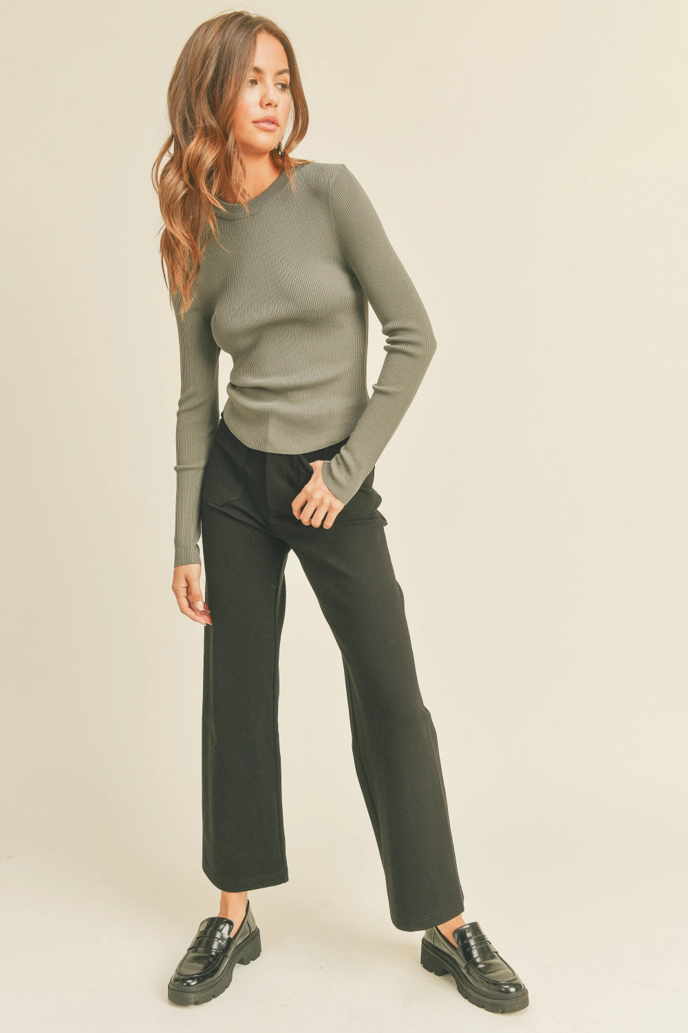 Oslo Ribbed Long Sleeve Basic Top - Olive