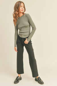 Oslo Ribbed Long Sleeve Basic Top - Olive