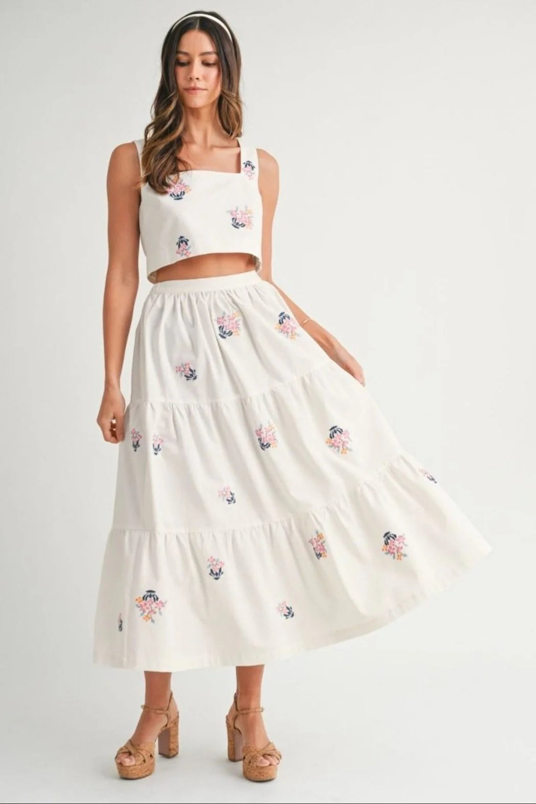 Madison Embroidered Crop Top and Midi Skirt Set